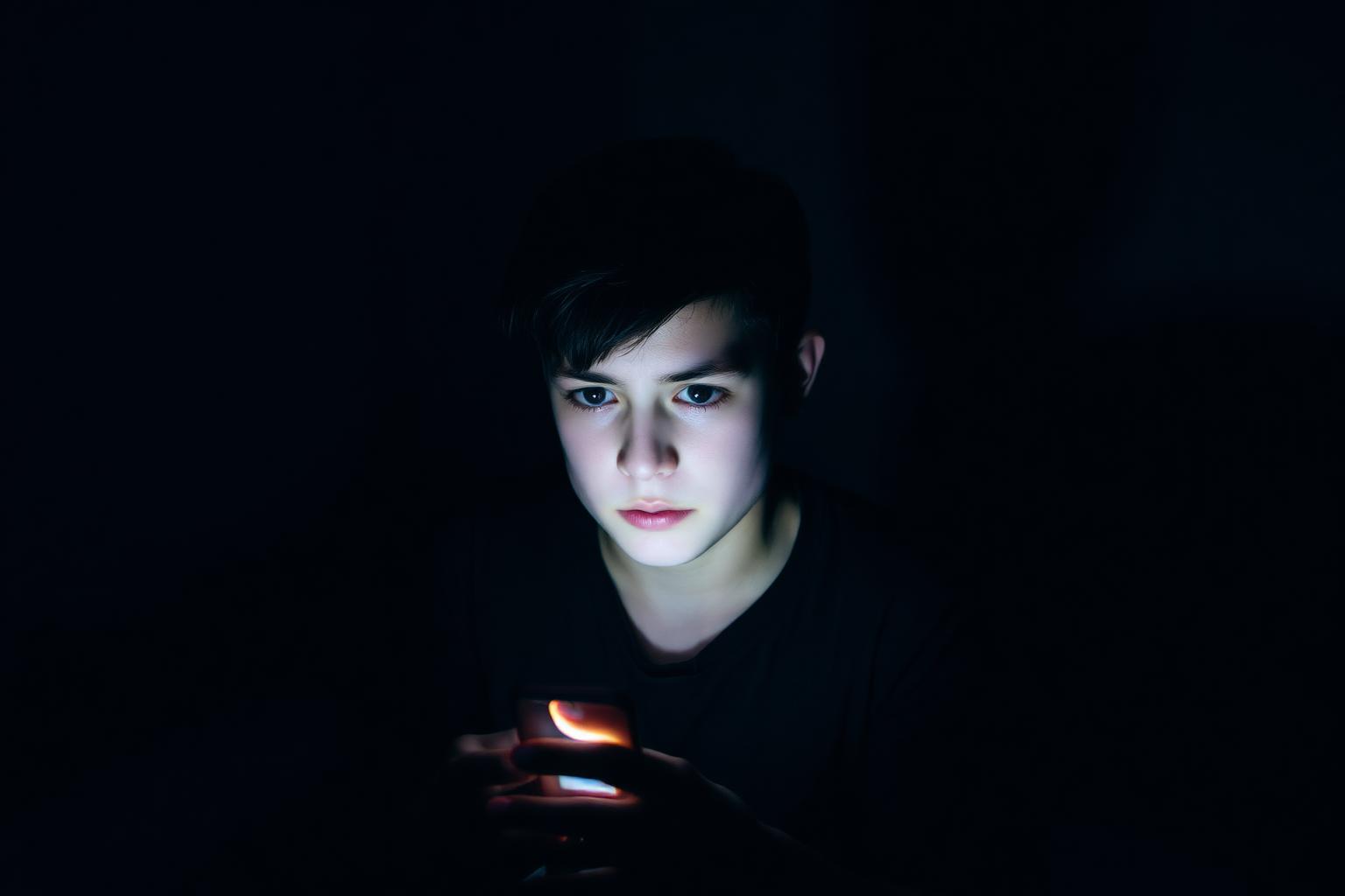 Adolescent devant l’écran de son téléphone dans une chambre sombre, usage des écrans à l’adolescence