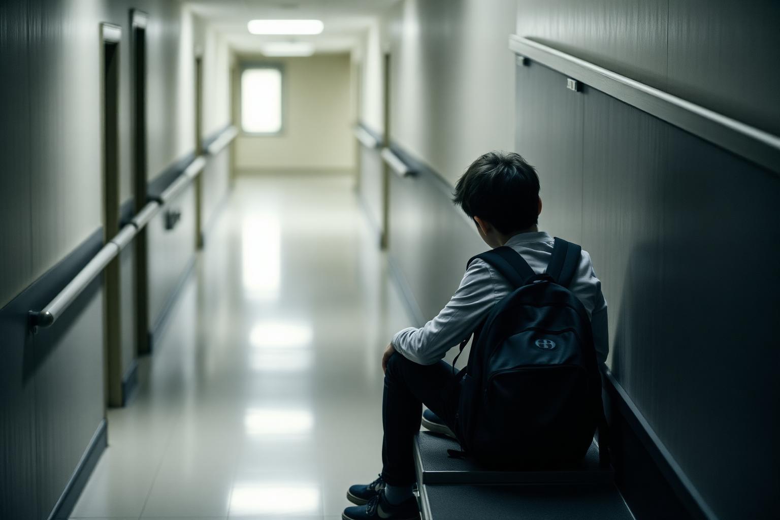 Adolescent seul dans un couloir d’établissement scolaire, harcèlement scolaire et consultation psychologique