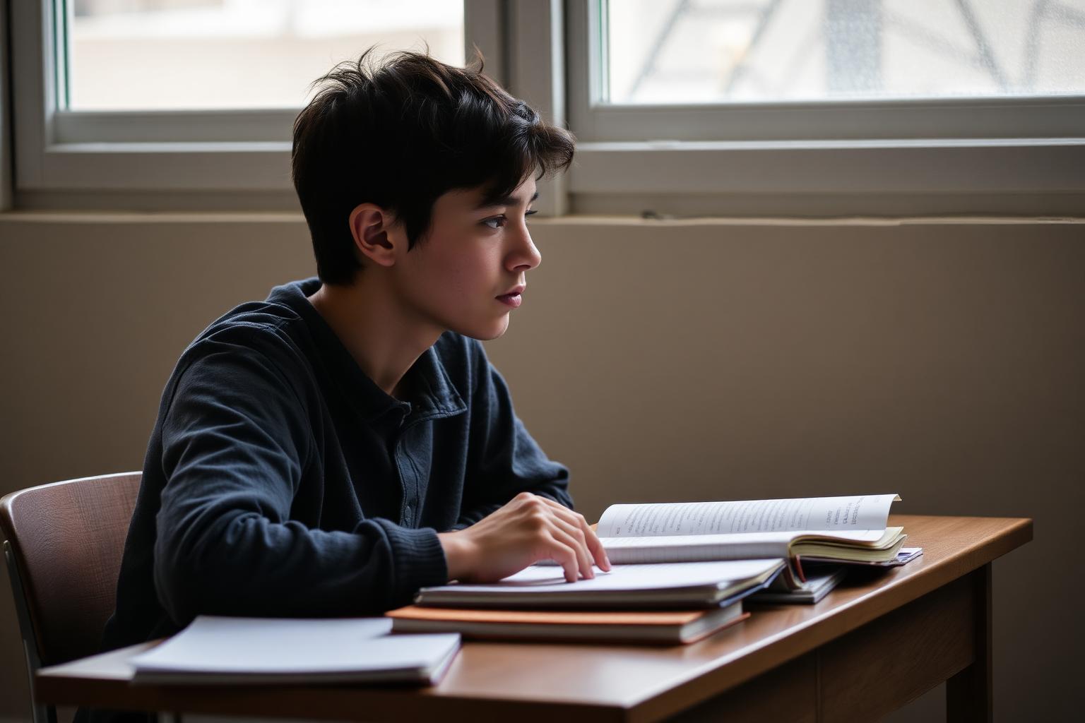 Adolescent pensif à son bureau avec des cahiers, orientation scolaire et angoisse de l’avenir