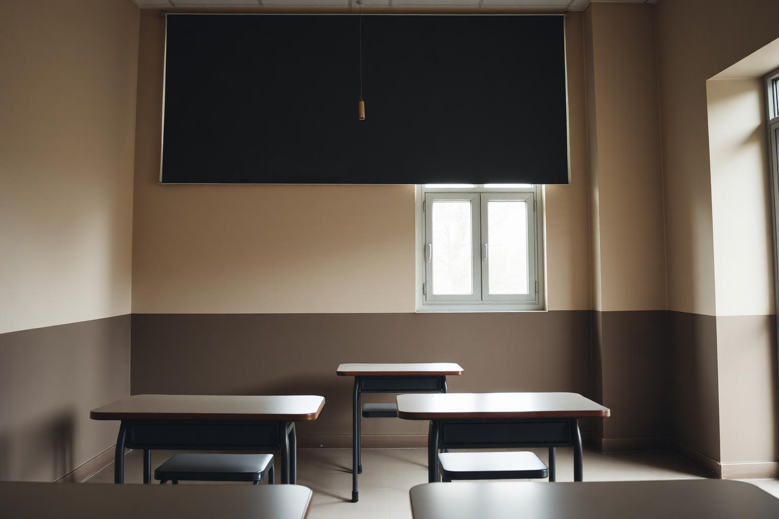 Salle de classe vide éclairée par la lumière du matin, phobie scolaire chez l’enfant et l’adolescent