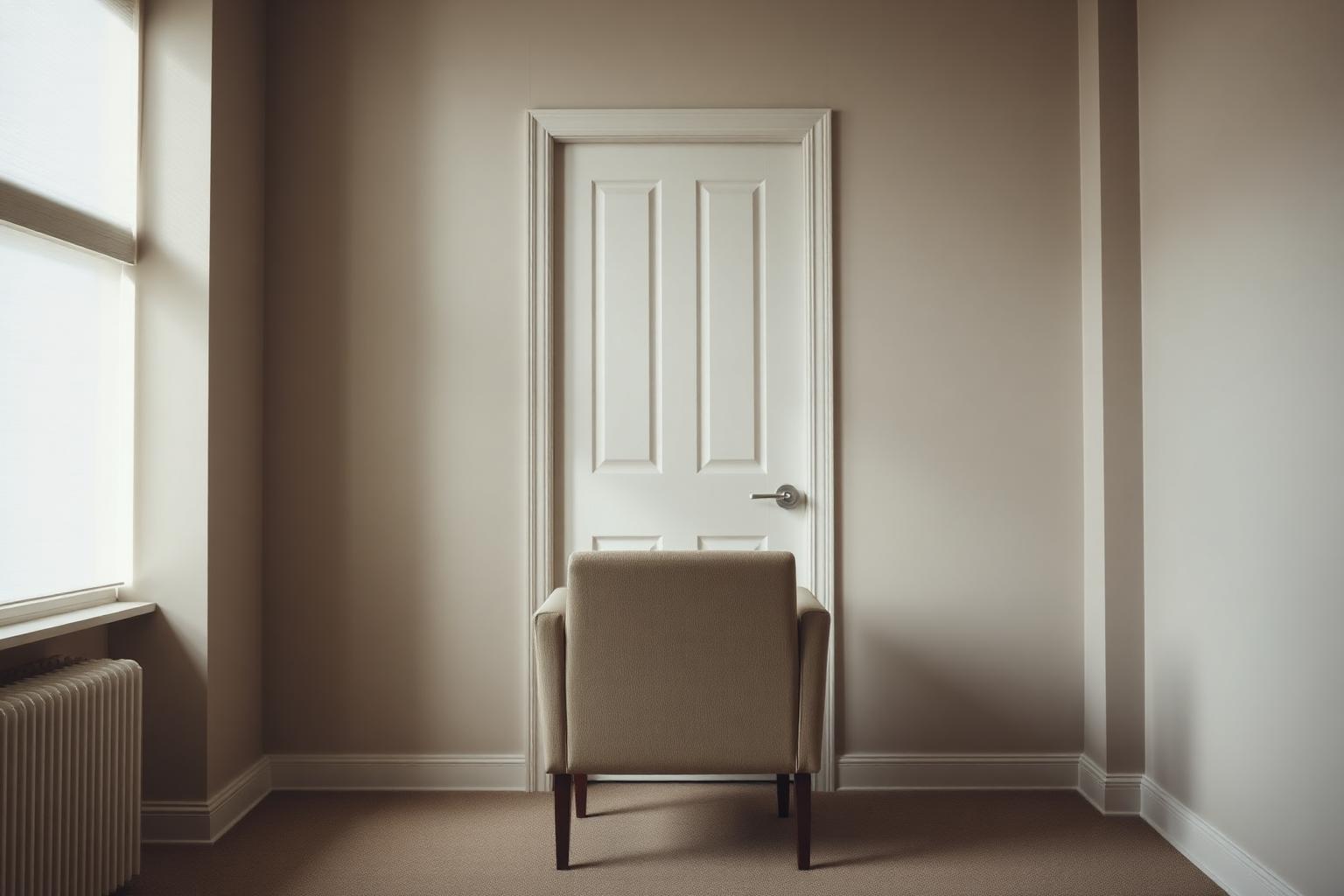 Fauteuil vide face à une porte dans le cabinet d’une psychologue clinicienne à Levallois-Perret