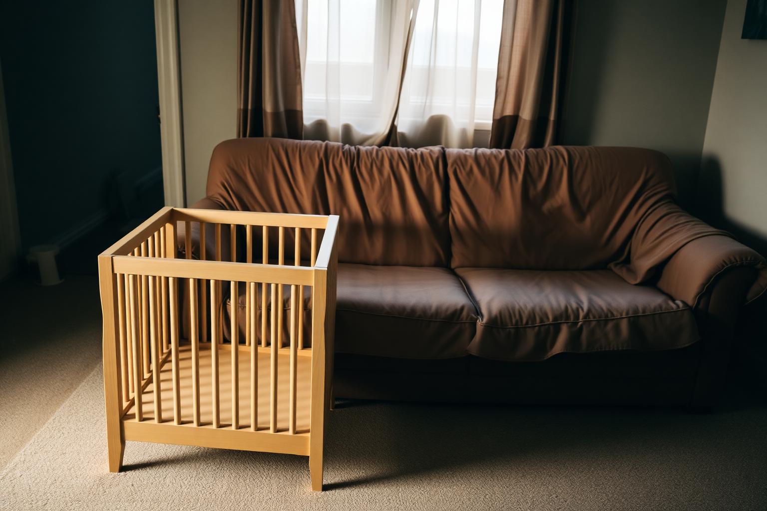 Berceau en bois près d’un canapé au petit matin, évoquant le couple après l’arrivée d’un enfant