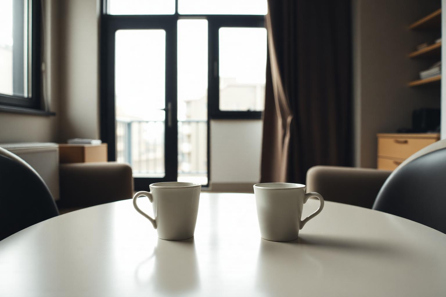 Deux tasses posées à distance sur une table, évoquant les conflits répétés dans le couple