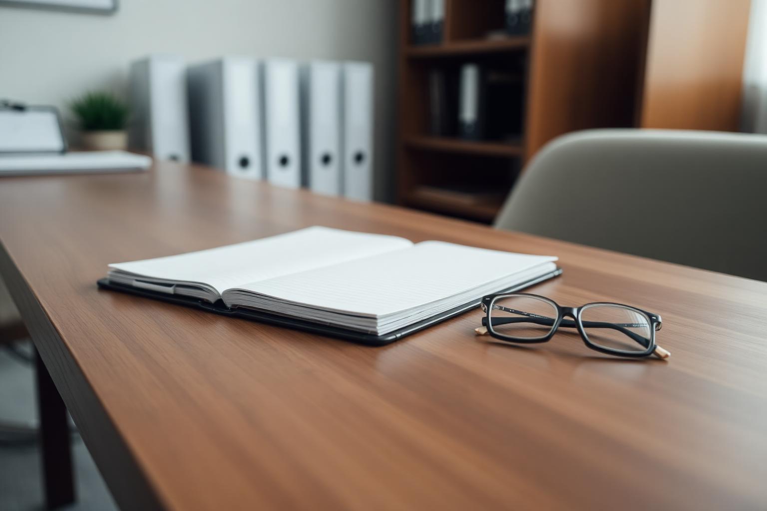 Bureau de psychologue clinicienne avec carnet et lunettes, ambiance sobre
