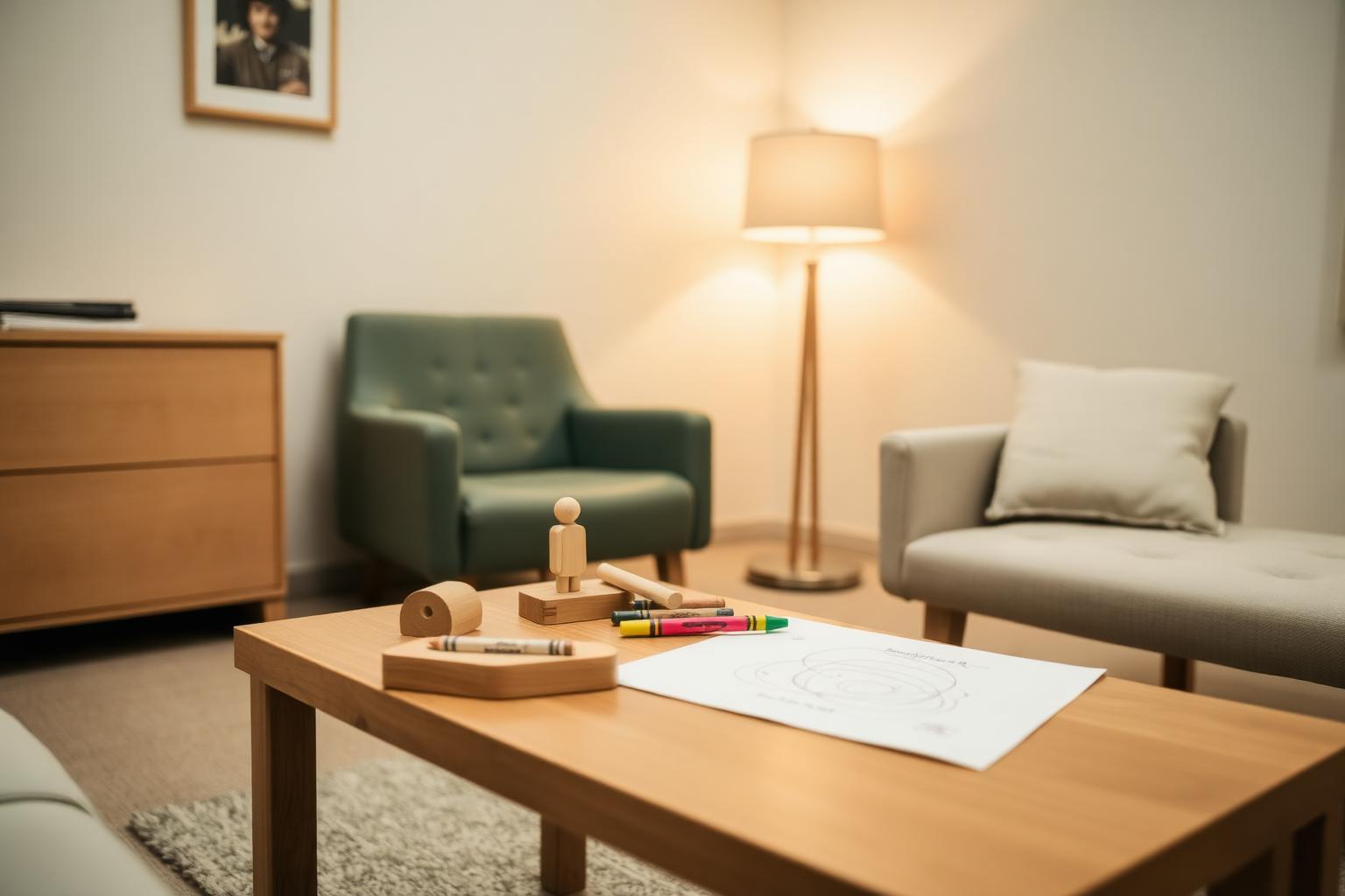 Jouets en bois et dessin d’enfant dans le cabinet d’une psychologue clinicienne à Levallois-Perret