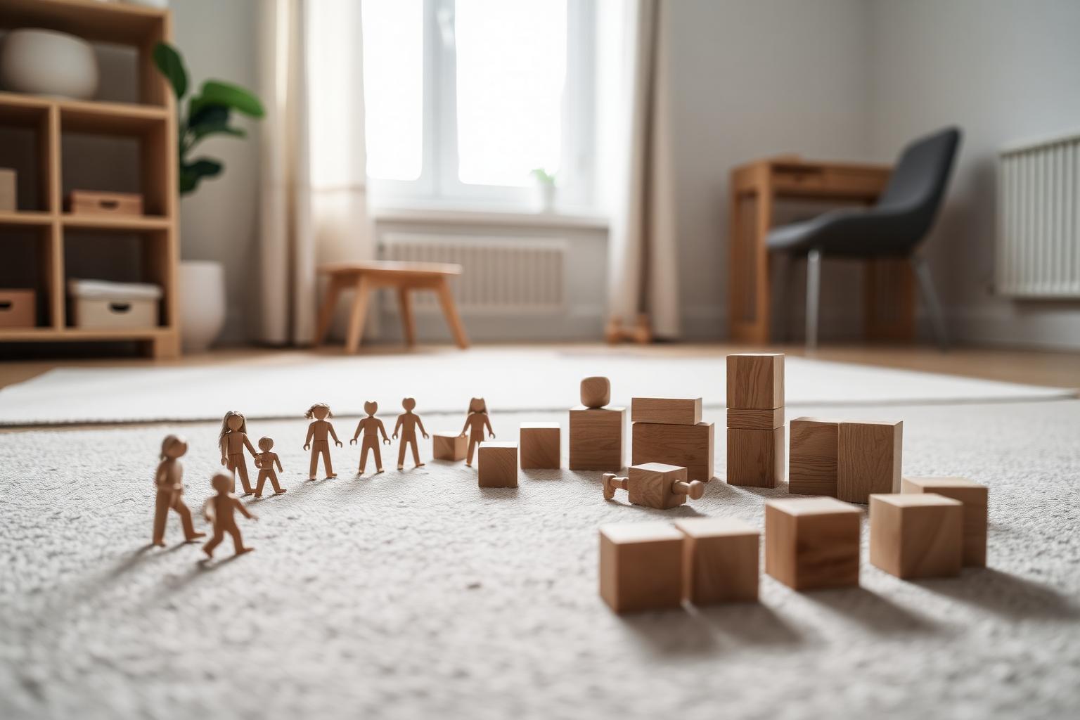 Figurines et cubes en bois disposés sur un tapis, le jeu comme langage de l’enfant en psychothérapie