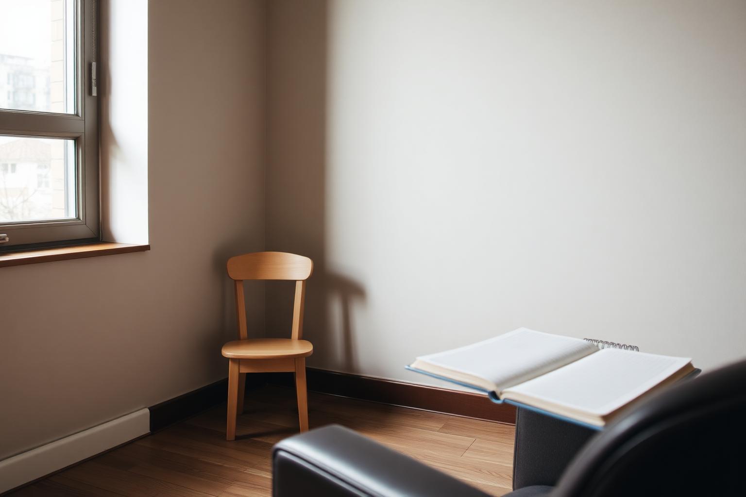 Petite chaise en bois et carnet dans un cabinet de psychologue pour enfants à Levallois-Perret