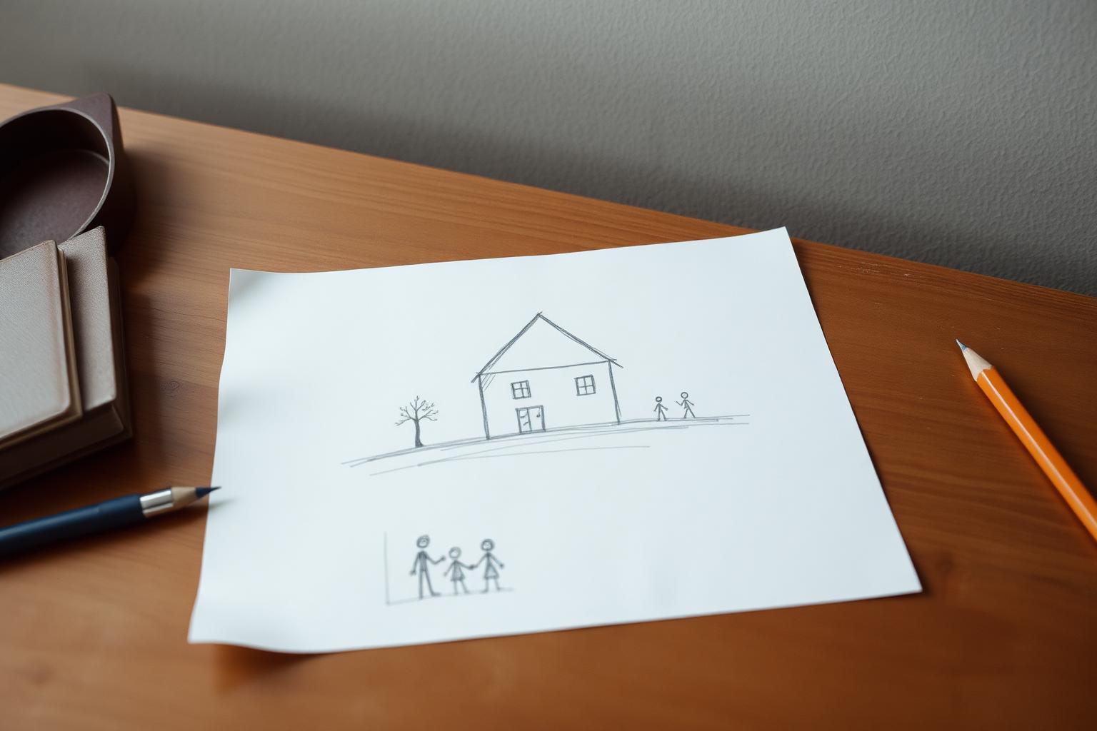 Dessin d’enfant au crayon sur un bureau, illustrant l’expression de la souffrance psychique de l’enfant