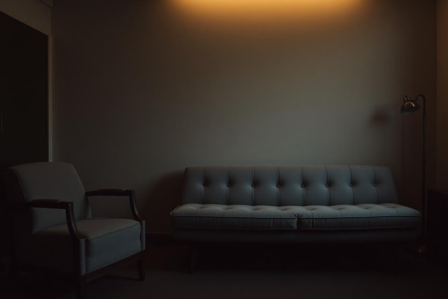 Divan et fauteuil dans un cabinet de psychanalyse, lumière tamisée