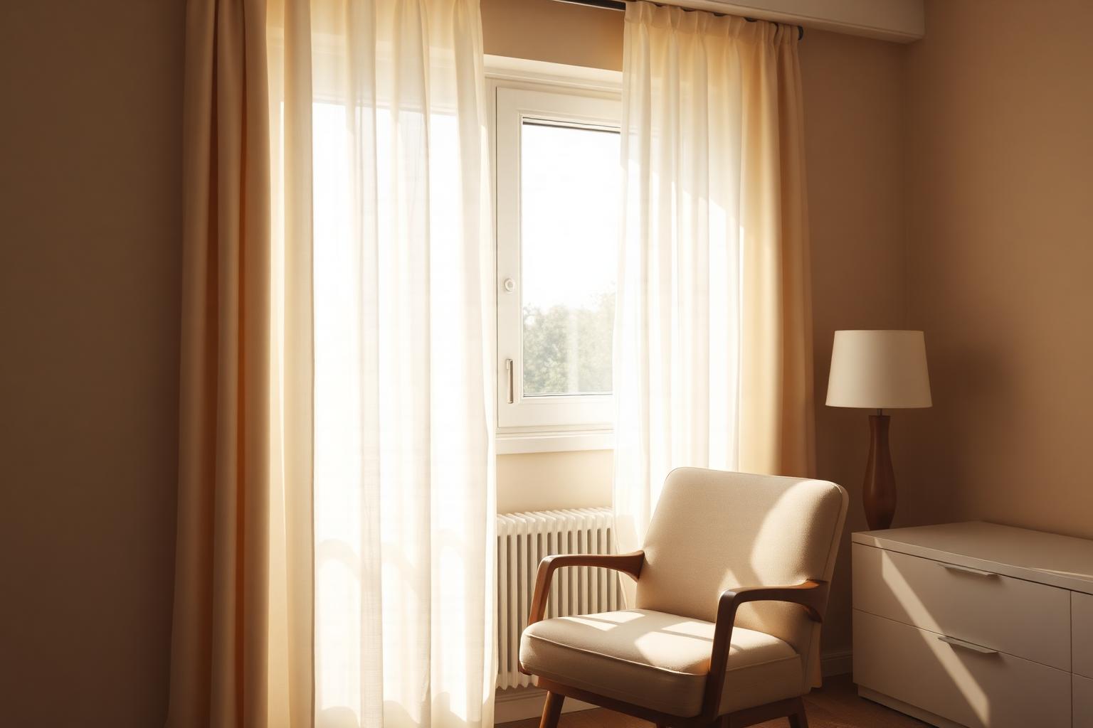 Fauteuil et rideaux clairs dans un cabinet de psychologue, lumière douce