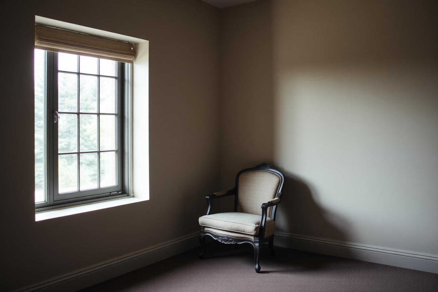 Fauteuil près d’une fenêtre dans le cabinet d’une psychologue clinicienne à Levallois-Perret