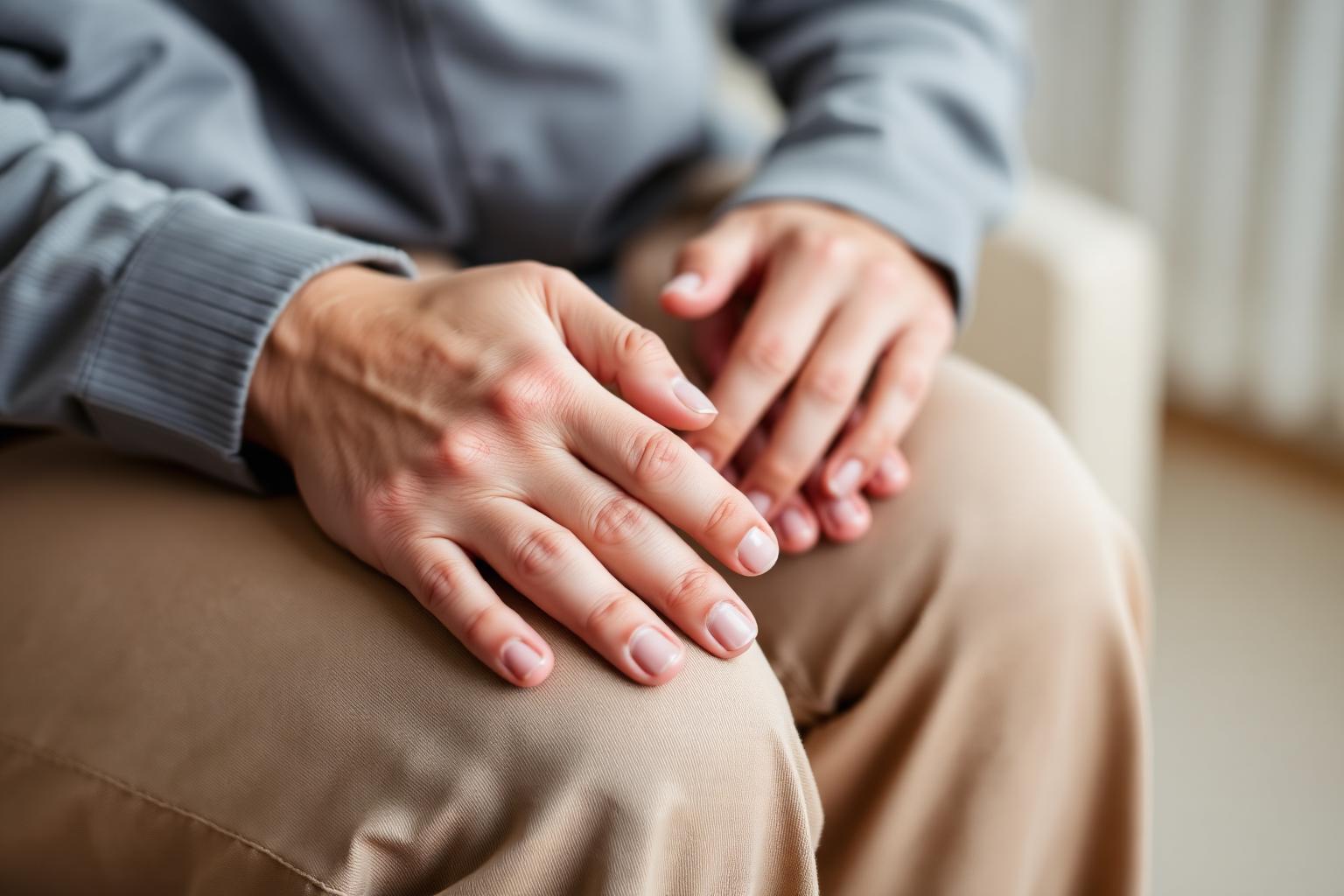 Mains posées sur les genoux lors d’une consultation de psychologie clinique