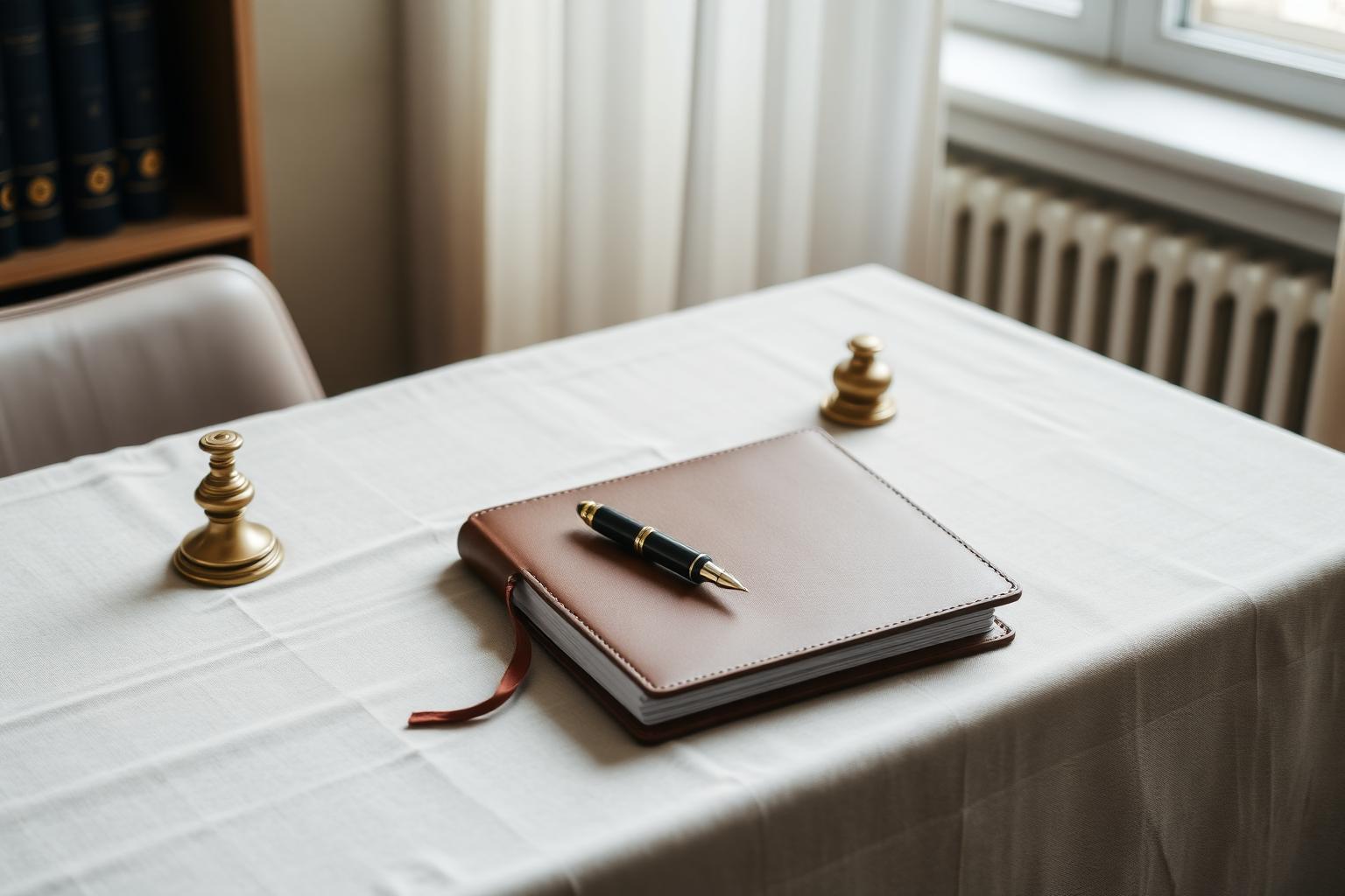Agenda et stylo sur une table en lin dans un cabinet de psychologue